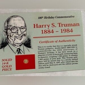 Harry S. Truman 14K Gold Piece 100th Birthday Commemorative